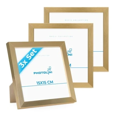 Abbildung von PHOTOLINI Bilderrahmen 15x15 cm Gold MDF Holz, 3er Set Posterrahmen, bruchsicheres Acrylglas, zum Aufhängen &amp; Aufstellen, extra Zubehör für Fotos, Bilder Poster