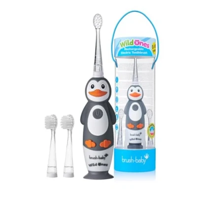 Abbildung von Brush Baby WildOnes Kinder Elektrische Wiederaufladbare Zahnbürste,1 Griff, 3 Bürstenköpfe, USB Ladekabel, für Alter 0 10 (Pengiun)
