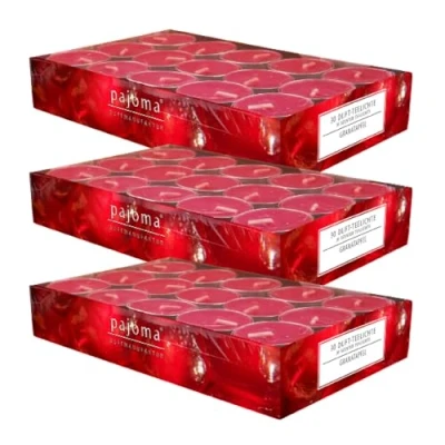Abbildung von pajoma® Teelichte 3er Pack, Granatapfel 90 Duft in Aluminiumhülle, Brenndauer ca. 4 Stunden Höhe 1,5 cm ø 3,5 Premium Qualität Deko, Gastronomie, Outdoor, Windgläser, Hochzeit