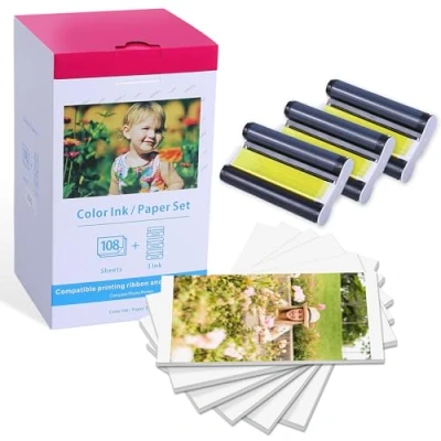 Abbildung von Ersatz für Canon Selphy CP1300 CP1500 CP1200 CP1000 CP910 CP820 Fotopapier und Kartusche, KP 108IN 3115B001(AA) Postkarten Fotodrucker, 3 Patrone + 108 Foto Papier (100 x 148 mm)