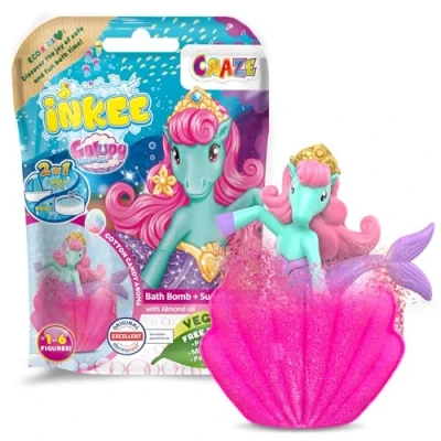Abbildung von INKEE GALUPY MERMAID Meerjungfrau Badekugel mit Überraschung, Kinder Badebombe in Muschelform Figuren &amp; Zuckerwatte Aroma