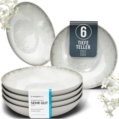Abbildung von Steingut Suppenteller 6 Pers. Ibiza Hochwertiges Mediterranes TEST SEHR GUT Tiefe Teller Set Kratzfest, Für Spülmaschine, Mikrowelle Pasta Tief Groß Pure Living Geschirr in Beige