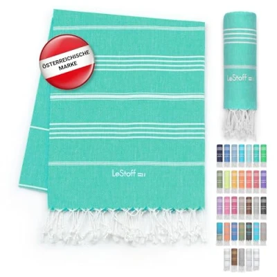 Abbildung von LeStoff Premium Hamamtuch 100% Bio Baumwolle Vorgewaschen, Nachhaltig, Saugstark &amp; Schnelltrocknend Strand, Bade, Dusch, Yoga, Spa Reise Tuch (95 x 180 cm, Turquoise)