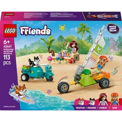 Abbildung von LEGO Friends Strandabenteuer mit Hunden, Bauspielzeug für Mädchen ab 6 Jahren, Tier Spielset 2 Minifiguren und Corgi Figuren, Geschenk kreative Kinder, Abenteuer Bauset Surfbrett 42641