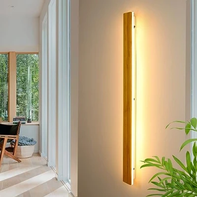 Abbildung von LED Wandleuchte Innen Holz Wandlampe Bambus Lange 35W WarmWeiß 3000k Lampe Modern Wandbeleuchtung Für Schlafzimmer Wohnzimmer Flur Treppenhaus Innenbeleuchtung Nachtlampe,115cm