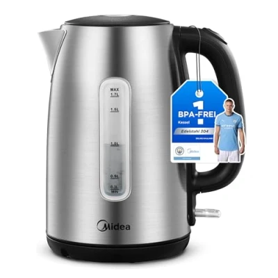 Abbildung von Midea Wasserkocher MKE17M1ADS Edelstahl 1.7L, BPA freier Wasserkocher, 2200W Schnellkochfunktion, isolierter Griff mit Wasserstandsanzeige, LED Anzeige, Trockenlaufschutz