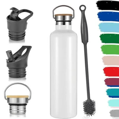Abbildung von Milu Edelstahl Trinkflasche 350ml 500ml 750ml 1000ml (+3 Deckel) Thermosflasche mit Strohhalm, Isolierte Wasserflasche, Auslaufsichere Isolierflasche doppelwandig, Kohlensäure geeignet (Weiß, 1000ml)