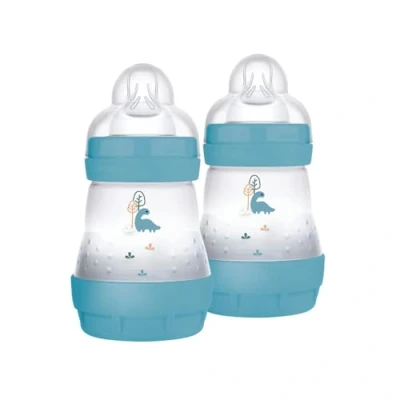 Abbildung von MAM Easy Start Anti Kolik Fläschchen, 2er Set für Babys von 0 2 Monaten, 160 ml, Sauger Fluss 1 0+ Monate, aus SkinSoft Silikon, bio rund, blau
