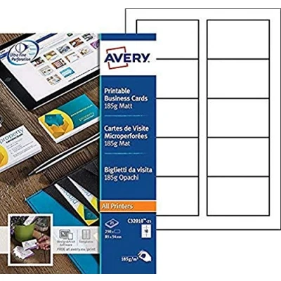 Abbildung von AVERY Packung mit 250 bedruckbaren Visitenkarten, aus matter weißer Karton, 185 g/m², Format 85 x 54 mm, Laser/Tintenstrahldruck, (C32010 25)