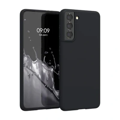 Abbildung von kwmobile Hülle kompatibel mit Samsung Galaxy S21 weiches TPU Silikon Case Cover geeignet für kabelloses Laden Heidelbeerblau