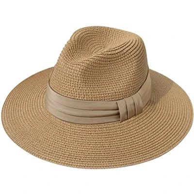 Abbildung von DRESHOW Damen Panama Hut Breiter Krempe Stroh Sommer Fedora Strohhut Aufrollen Strand Rollbar UV Sonnenhut UPF 50 +