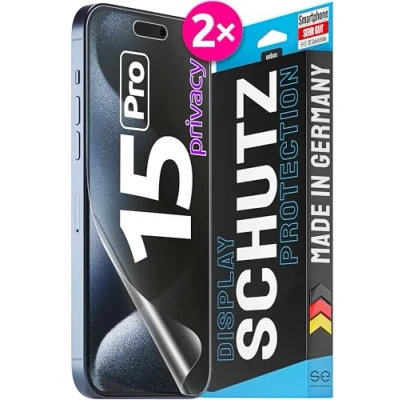 Abbildung von 2x se® 3D SCHUTZFOLIE Privacy für Apple iPhone 15 Pro ,Blickschutz entspiegelt, 100% Fingerabdruck &amp; FaceID kompatibel, anti Fingerabdrücke, Stoß Kratzfest, hüllenfreundlich, produziert in Deutschland