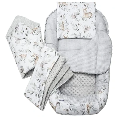 Abbildung von Medi Partners 5 teilig Babynestchen Set Babynest 100x60x15 herausnehmbarer Einsatz Bett Kuschelnest Krabbeldecke Babys Neugeborene 100% Baumwolle (Hirsch in Blättern mit Grau Minky)