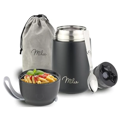 Abbildung von Milu® Thermobehälter 450, 650ml, 800ml Edelstahl Warmhaltebehälter Essensbehälter Speisegefäß Babynahrung Essen warmhalten Behälter Thermo Lunchbox Müsli to go Schwarz, 650ml