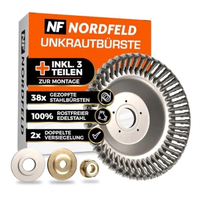 Abbildung von NORDFELD Profi Unkrautbürste für Freischneider mit 25,4mm Bohrung Hochwertige Wildkrautbürste Motorsense Effektive Moosentfernung Installationswerkzeug