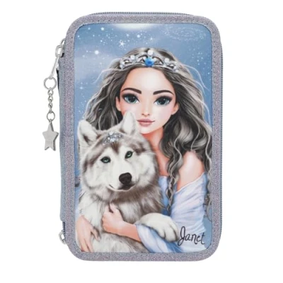 Abbildung von Depesche 13149 TOPModel Wolf Gefüllte 3 Fach Federtasche in Dunkelblau, mit Model Motiv, Sternen und Glitzer, Federmappe Buntstiften, Lineal, Schere UVM, Blau