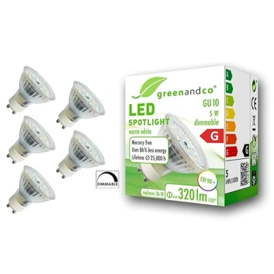 Abbildung von greenandco 5x CRI 90+ GU10 LED Spot dimmbar, 5W 320 lm 110 3000K warmweiß 230V, flimmerfrei, 2 Jahre Garantie