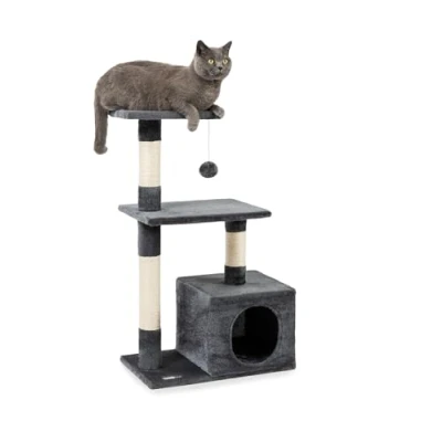Abbildung von lionto Kratzbaum für Katzen mit Höhle und Plüschball inkl. Glöckchen, Höhe 85 cm, Katzenbaum Sisal &amp; Plüsch, gemütliche Liegeflächen Höhle, kleine große geeignet, dunkelgrau