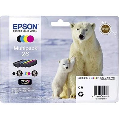 Abbildung von Epson 26 Multipack 4er Pack Schwarz, Gelb, Cyan, Magenta original Blister mit RF / akustischem Alarmsignal Tintenpatrone für Expression Premium XP 510, 520, 600, 605, 620, 625, 700, 720, 800, 820