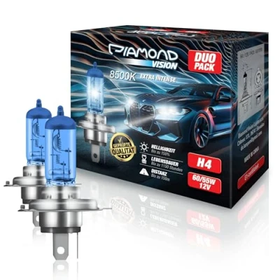 Abbildung von Diamond Vision 2x H4 12V 60/55W Xenon Look Halogen KFZ Autolampen 8500k Super Ultra White zweimal so langlebig Duobox E Prüfzeichen P43t