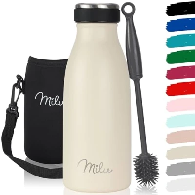 Abbildung von Milu Edelstahl Trinkflasche 350ml, 500ml, 750ml, 1L, 1,5L Thermosflasche für Kinder Erwachsene auslaufsicher Isolierflasche Kohlensäure geeignet inkl. Reinigungsbürste (Buttercream, 350ml)