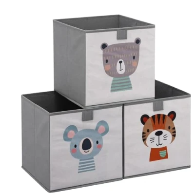 Abbildung von Navaris Kinder Aufbewahrungsbox 3er Set Regal Aufbewahrung 28 x cm Spielzeugkiste 3x Spielzeug Box faltbar für Kinderzimmer Tier Motiv Kisten mit Griff Toy