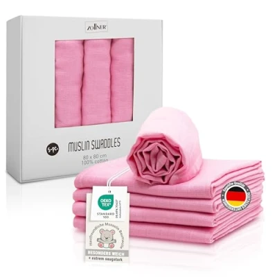 Abbildung von ZOLLNER 5er Set Musselin Spucktücher in 80x80 cm aus Baumwolle hautfreundliche Mulltücher besonders weich und extrem saugstark waschbar bis 60C rosa