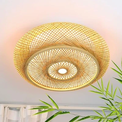 Abbildung von Deckenleuchte Bambus Deckenlampe LED Holzlamp Fernbedienung Dimmbar Handgewebte Natürlicher 50W Retro Rattan Bambus,Rund Decke Bambuslampen Für Schlafzimmer Wohnzimmer Flur,50cm