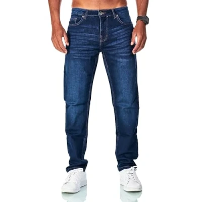 Abbildung von JEEL Herren Sweat Jeans Regular Fit Straight Cut Stretch Washed Denim Look Hose 01 Navy 34W / 34L