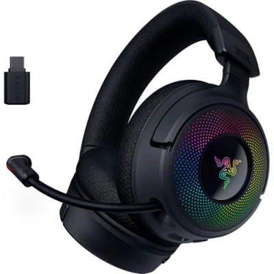 Abbildung von Razer Kraken V4 Kabelloses PC Gaming Headset (3 Modi Konnektivität, Triforce 40mm Treiber, 9 Zonen RGB Beleuchtung der Ohrmuscheln, Mix und Lautstärkeregelung, THX Spatial Audio) Schwarz