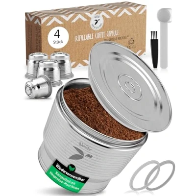 Abbildung von Wiederbefüllbare Kaffeekapsel aus Edelstahl zum Nachfüllen Wiederverwendbare Refill Kapsel für umweltbewusste Kaffee Liebhaber kompatibel mit Nespresso Maschinen + Kapselhalter mahona