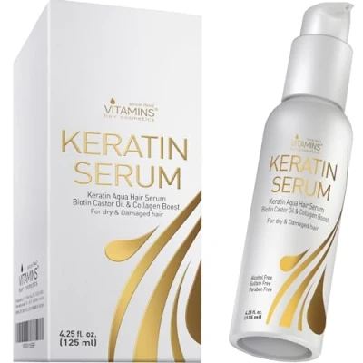 Abbildung von Vitamins Haar Serum Keratin Haarpflege Biotin, Kollagen und Castor Oil Anti Frizz Haarserum Kokosöl Hitzeschutz Finish Protein Treatment für kaputte trockene Haare