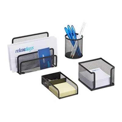 Abbildung von Relaxdays Schreibtisch Organizer Set 4 teilig, Mesh Metall Zubehör mit Briefablage, Stiftehalter und Zettelbox, schwarz, 14.5 x 17.5 13.5 cm