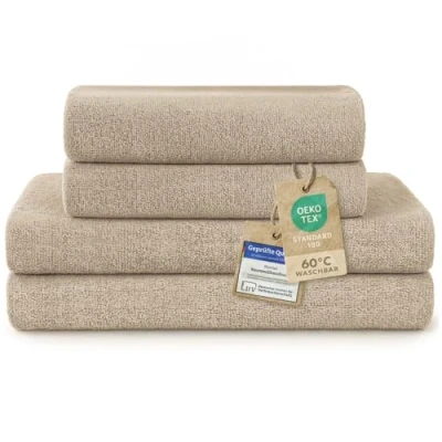 Abbildung von Blumtal Premium Frottier Handtücher Set 4 teilig 100% Baumwolle Oeko TEX zertifiziertes Badetuch 2X (70x140 cm) + Towel (50x100 saugstarkes Frottiertücher Beige/Taupe