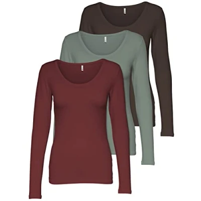Abbildung von ONLY 3er Pack Damen Langarmshirt schwarz und weiß Langarm Basic Longsleeve Sommer aus 95% Baumwolle XS S M L XL 15209156 (Mix 7, XS)