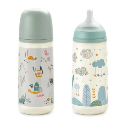 Abbildung von Suavinex, 2er Pack, Babyflaschen 360 ml mit physiologischem Sauger SX Pro aus Silikon, Anti Colic Ventil, schnellem Nahrungsfluss (L), für Babys +6 Monate, Dreams Blue