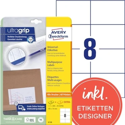 Abbildung von AVERY Zweckform 6138 Universal Etiketten (200 plus 40 Klebeetiketten extra, 105x74mm auf A4, Papier matt, individuell bedruckbar, selbstklebende Aufkleber mit ultragrip) 30 Blatt, weiß