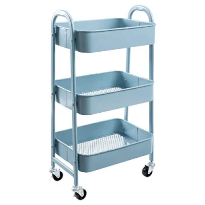 Abbildung von DOEWORKS Rollwagen Küchenwagen Servierwagen Aufbewahrungswagen 3 Etagen Metall Utility Cart mit Rädern für Wohnzimmer Schlafzimmer Make up Badezimmer Büro, Grau Blau