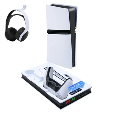 Abbildung von Mcbazel PS5 Pro/ PS5/ Slim Ladestation Lüfter mit 3 Geschwindigkeiten Einstellbar, Multifunktionale LED Magnet für Pro/PS5 /PS5 UHD/Digital Edition Weiß