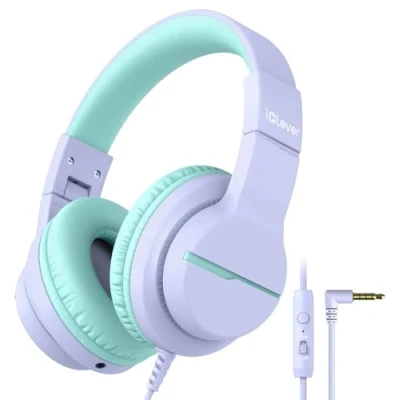 Abbildung von iClever HS19 Kinder Kopfhörer über Ohr, HD Stereokopfhörer mit Mikrofon, Lautstärkenbegrenzer 85/94dB, Sharing Funktion, Faltbarer für Schule, Travel (Violett)