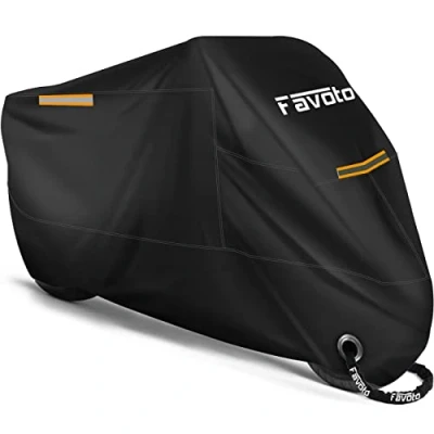 Abbildung von Favoto Motorrad Abdeckplane Outdoor Motorradabdeckung XXL 210T Oxford Stoff Abdeckhaube Indoor Motorradplane Staubdicht mit Wasserdichten Streifen verbessertes Schlossloch 245cmx105cmx125cm