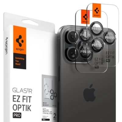 Abbildung von Spigen Glas.tR EZ Fit Optik Pro Kameraschutz kompatibel mit iPhone 16 Pro, Max, 2 Stück, Titan Schwarz, Individuelle Kameraprotektion, Anti Kratzer