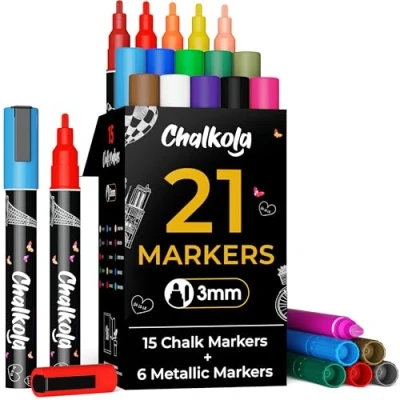 Abbildung von Chalkola 21 Kreidestifte für Tafel Abwaschbar (21 Stifte 3mm, Kreidestift) Fenster, Tafelkreide &amp; Metallic Glasstifte, Chalk Marker, Kreidemarker Abwischbar, Fensterfarben Kinder