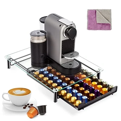 Abbildung von Masthome Kaffeekapsel Ständer, Kapseln Aufbewahrung für Nespresso Kaffeekapseln, Oberseite aus Gehärtetem Glas Kapselständer mit Schubladen 60 Kapseln, 1 Reinigungstuch Senden