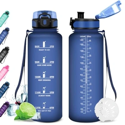 Abbildung von KollyKolla Wasserflasche 1.5L, Trinkflasche Sport, BPA Frei, mit Zeitmarkierungen, Gym, Auslaufsicher, Kohlensäure Geeignet, für Erwachsener, Büro, Fitness, Yoga, Uni, Gym