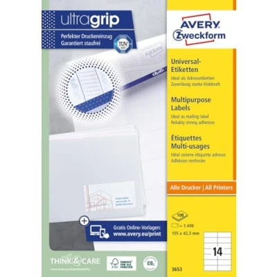 Abbildung von AVERY Zweckform 3653 Adressaufkleber (1.400 Klebeetiketten, 105x42,3mm auf A4, Papier matt, individuell bedruckbare Absenderetiketten, selbstklebende Adressetiketten mit ultragrip) 100 Blatt, weiß