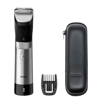 Abbildung von Philips Barttrimmer Series 9000 mit SteelPrecision Technologie inkl. Bartkammaufsatz und Reiseettui (Modell BT9810/15)