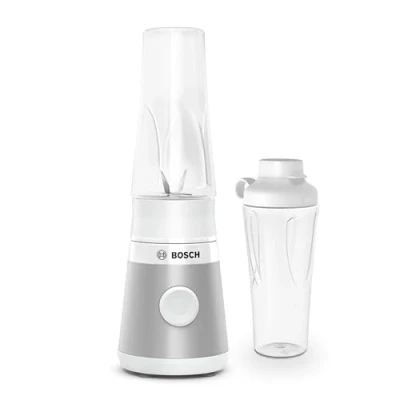 Abbildung von Bosch Mini Standmixer VitaPower Serie 2 MMB2111T, Highspeed Mixer, Tritan ToGo Flasche 0,6 L, Trinkdeckel, 4 Klingen Messer, bruchsicher, spülmaschinengeeignete Teile, 450 W, silber