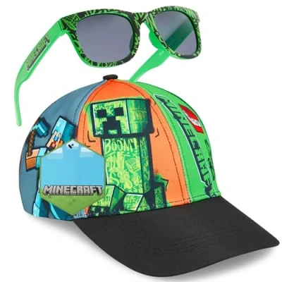 Abbildung von Minecraft Basecap Kinder Jungen Set Snapback Cap und Sonnenbrille UV Schutz Creeper Sonnenschutz Kappe Geschenke Jungs (6 14 Jahre, Multi)