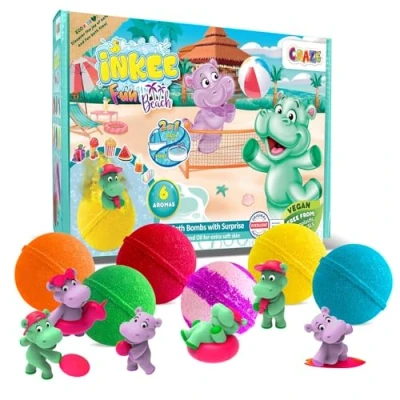 Abbildung von INKEE Geschenkbox Fun Beach Box mit 6 Kinder Badebomben, enthält verschiedene Nilpferdfiguren zum Sammeln 6x Badekugeln Überraschung